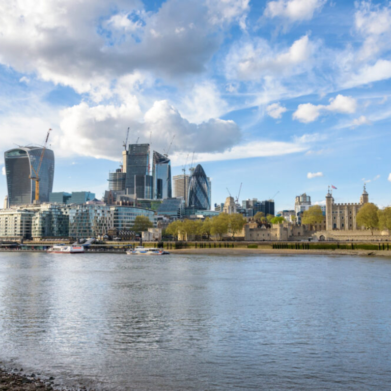 Skyline of London with Tower of London and City buildings